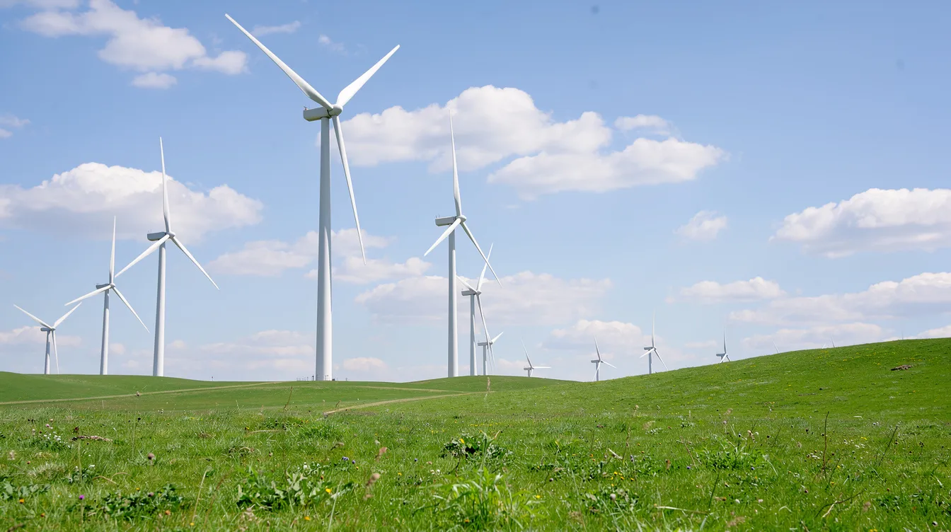 Auf der grünen Wiese stehen große Windturbinen unter einem strahlend blauen Himmel mit einigen Wolken. Diese Szene symbolisiert die nachhaltige Energieerzeugung, die auch im Portfolio von Unternehmen wie Siemens Energy eine bedeutende Rolle spielt.