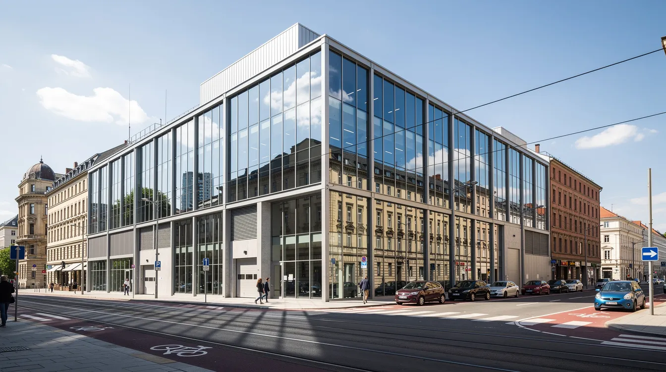 Das Bild zeigt ein modernes Industriegebäude mit einer eleganten Glasfassade in einer europäischen Großstadt, das bei Sonnenschein strahlt. Dieses Gebäude könnte mit Unternehmen wie Siemens oder dessen Tochtergesellschaften in Verbindung stehen, die innovative Lösungen in Bereichen wie Medizintechnik und Energie anbieten.