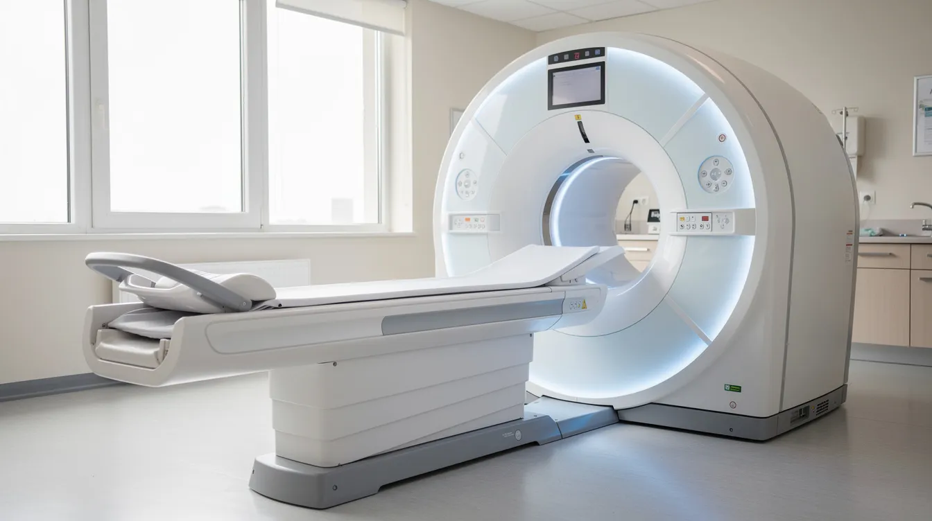 Das Bild zeigt ein modernes MRT-Gerät in einem hellen Krankenhausraum, das von Siemens Healthineers entwickelt wurde. Der Raum ist gut beleuchtet und vermittelt eine sterile, aber einladende Atmosphäre für Patienten und medizinisches Personal.