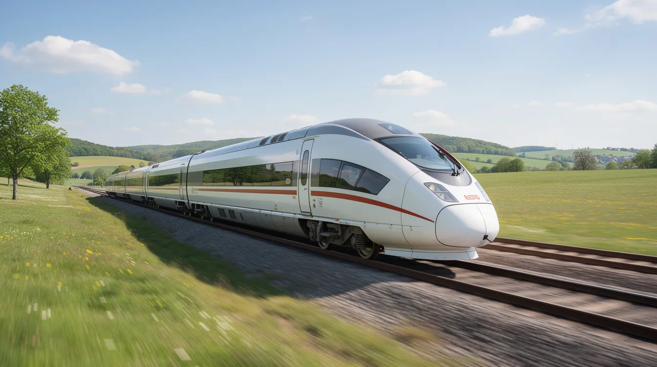 Ein moderner Hochgeschwindigkeitszug von Siemens fährt auf einer offenen Strecke, umgeben von einer grünen Landschaft, die die Verbindung zwischen Technologie und Natur symbolisiert. Dieser Zug repräsentiert die Innovationskraft von Siemens Mobility und deren Engagement für nachhaltige Mobilitätslösungen.