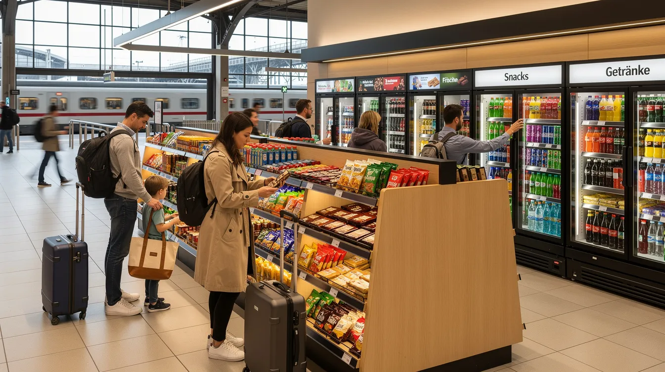 Ein moderner Convenience-Store am belebten Bahnhof zeigt Reisende, die aus einer Vielzahl von Snacks auswählen. Der Store ist Teil der Rewe Group und bietet eine breite Palette von Lebensmitteln für unterwegs an, um den Bedürfnissen der Kunden gerecht zu werden.