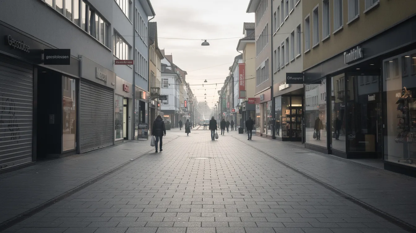 Die leere Einkaufsstraße zeigt vereinzelte Passanten, die an geschlossenen Geschäften vorbeigehen, während die Deko-Kette Depot in Insolvenz ist. Die Atmosphäre ist ruhig und vermittelt einen Eindruck der Unsicherheit im Einzelhandel.