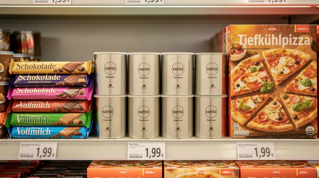 Auf dem Supermarktregal sind verschiedene Lebensmittelprodukte zu sehen, darunter Schokoladenriegel wie KitKat, Kaffeedosen von Nescafé und Tiefkühlpizzen, die Teil des umfangreichen Sortiments von Nestlé sind. Die Auswahl umfasst auch Frühstückscerealien wie Cheerios und Snacks wie Smarties, die die Vielfalt der Marken des Unternehmens widerspiegeln.