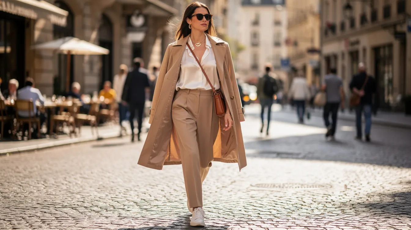 Eine elegant gekleidete Frau in einem lässig-schicken Outfit spaziert durch die sonnige Innenstadt, umgeben von modernen Geschäften und Cafés. Ihr Stil spiegelt die neuesten Modetrends wider, die in Online Shops und Mode Boutiquen wie Creation L angeboten werden.