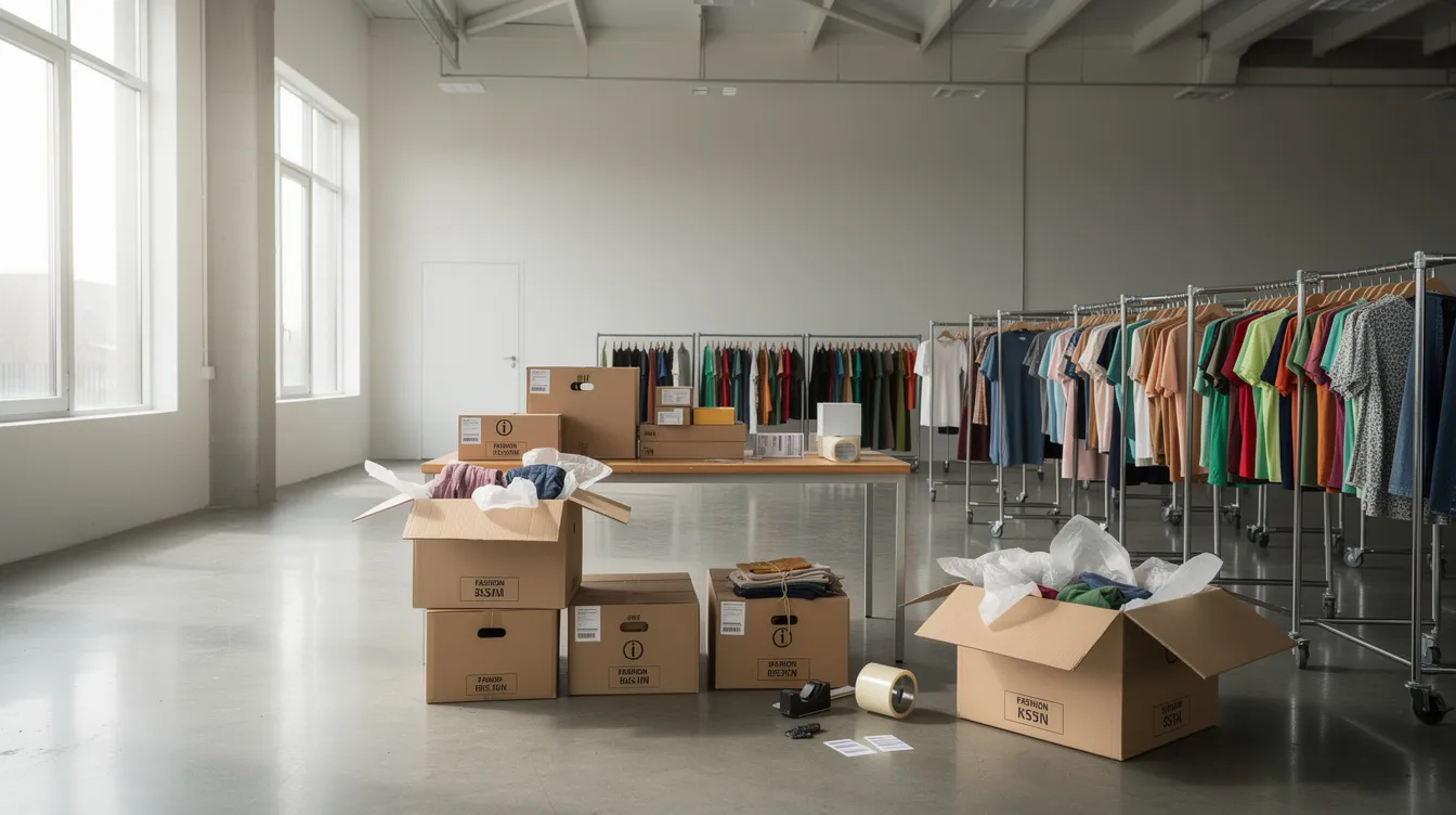 Das Symbolbild zeigt ein leeres Lagerhaus, in dem Mode-Versandkartons und Kleiderstangen stehen. Diese Szene könnte auf die Herausforderungen eines Modeunternehmens wie les lunes hinweisen, das sich möglicherweise in einer Krise oder einem Insolvenzverfahren befindet.