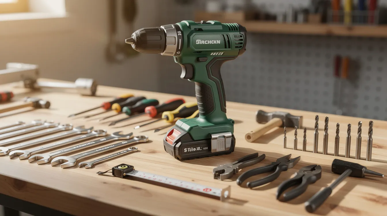 Auf der Holz-Werkbank sind eine grüne Akku-Bohrmaschine der Marke Parkside sowie verschiedene Handwerkzeuge ordentlich angeordnet. Diese Werkzeuge sind ideal für Heimwerker und zeichnen sich durch ein gutes Preis-Leistungs-Verhältnis aus.