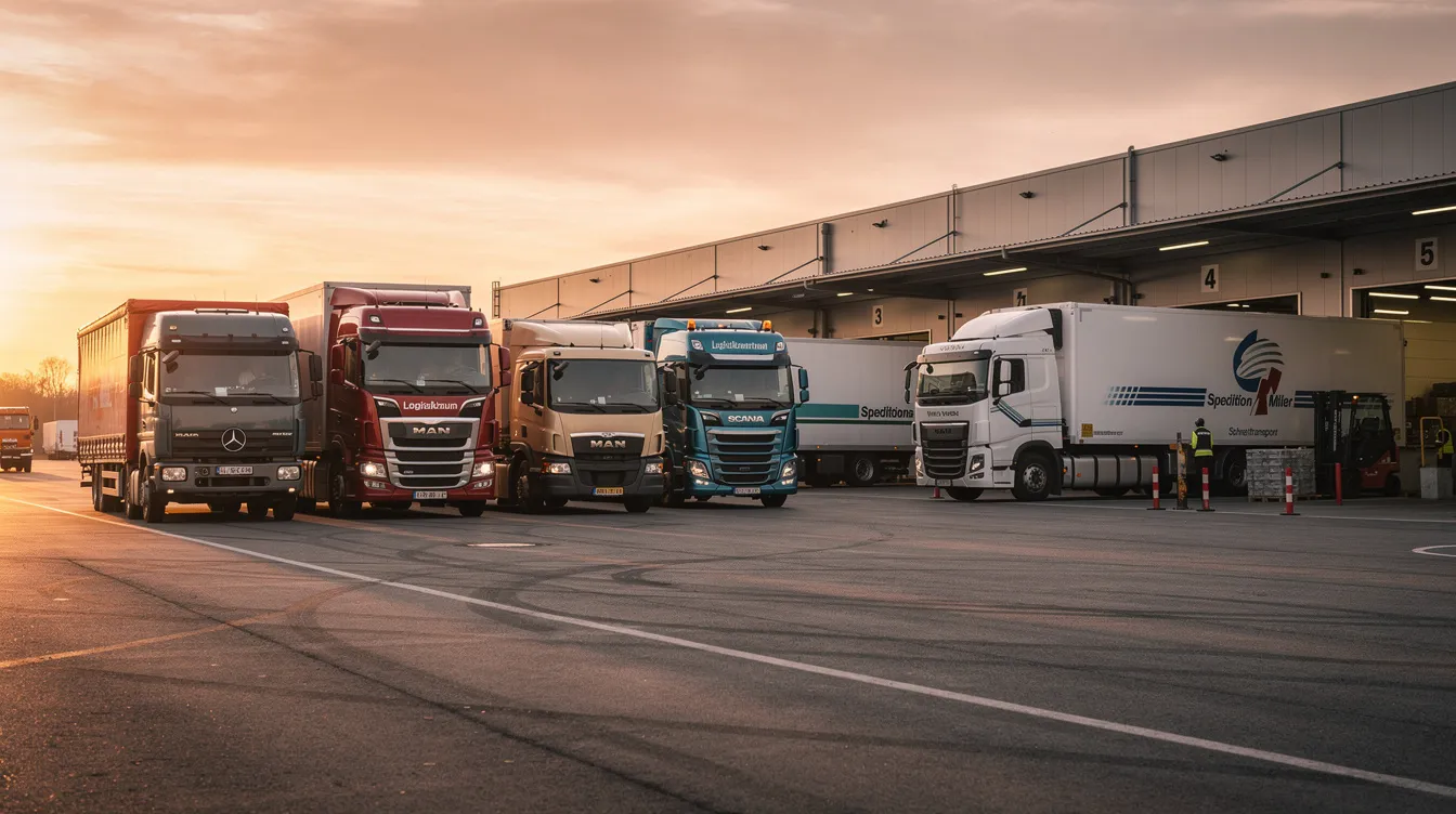 Auf dem Logistikgelände bei Sonnenuntergang stehen mehrere große Lastkraftwagen verschiedener Marken, darunter auch Modelle des Volkswagen Konzerns. Die Fahrzeuge sind in einer Reihe angeordnet und bilden einen beeindruckenden Anblick vor dem farbenfrohen Himmel.