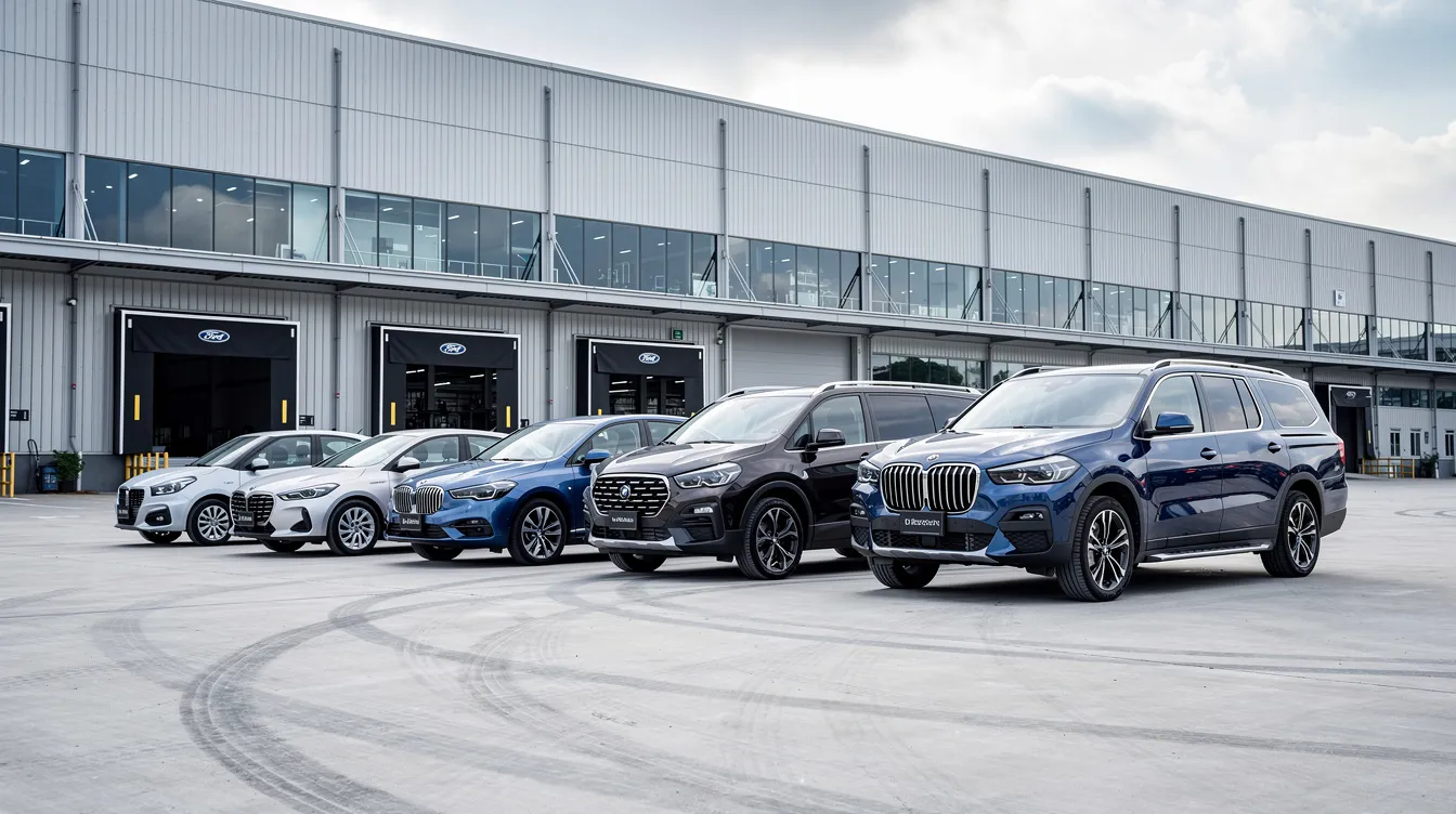 Auf dem modernen Werkshof stehen mehrere Fahrzeuge der Volkswagen AG, darunter verschiedene Modelle der Konzernmarken wie Audi, Škoda und Porsche, vor einem industriellen Gebäude. Die Autos sind ordentlich aufgereiht und repräsentieren das breite Spektrum der Mobilität und Innovation des Unternehmens.