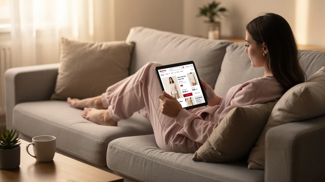 Eine Frau sitzt entspannt auf einem Sofa und scrollt auf ihrem Tablet durch einen Online-Shop für Mode, während sie sich für die neuesten Trends interessiert. Diese Szene spiegelt die Digitalisierung im Einzelhandel wider, die Teil der modernen Einkaufserfahrung ist.