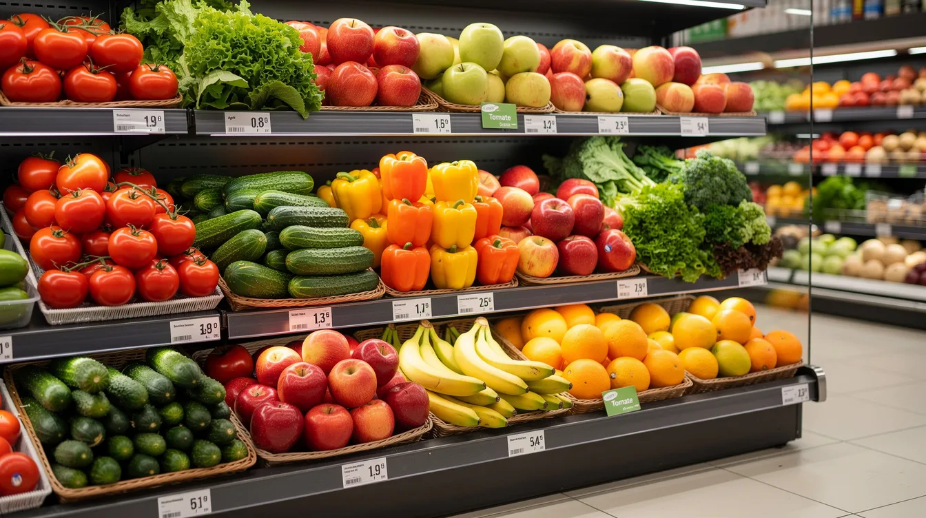 Das Bild zeigt ein modernes Supermarkt-Regal, das mit frischem Obst und Gemüse gefüllt ist. Die helle und einladende Einkaufsumgebung vermittelt ein Gefühl von Frische und Vielfalt, ideal für den Einkauf von Lebensmitteln in einem Rewe Markt.