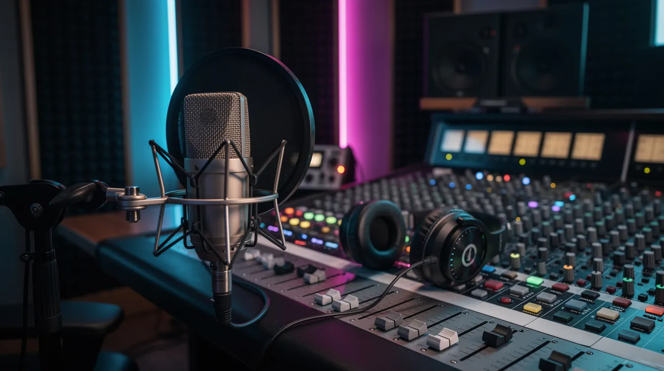 Das Bild zeigt ein professionelles Musikstudio, ausgestattet mit einem Mikrofon und Kopfhörern, umgeben von bunten Lichtern, die eine kreative Atmosphäre schaffen. Hier könnten Songwriter an ihren neuen Songs arbeiten und Beats für zukünftige Nummer 1 Hits produzieren.
