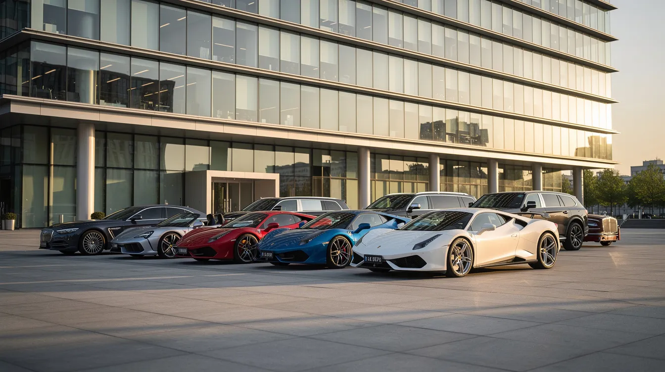 Vor einem modernen Glasgebäude parken mehrere verschiedene Sportwagen und Luxuslimousinen, darunter Modelle von bekannten PKW Marken wie Volkswagen, Porsche und Lamborghini. Die Fahrzeuge stehen in geordnetem Abstand zueinander und repräsentieren die Vielfalt und den Erfolg des Volkswagen Konzerns in der Automobilindustrie.