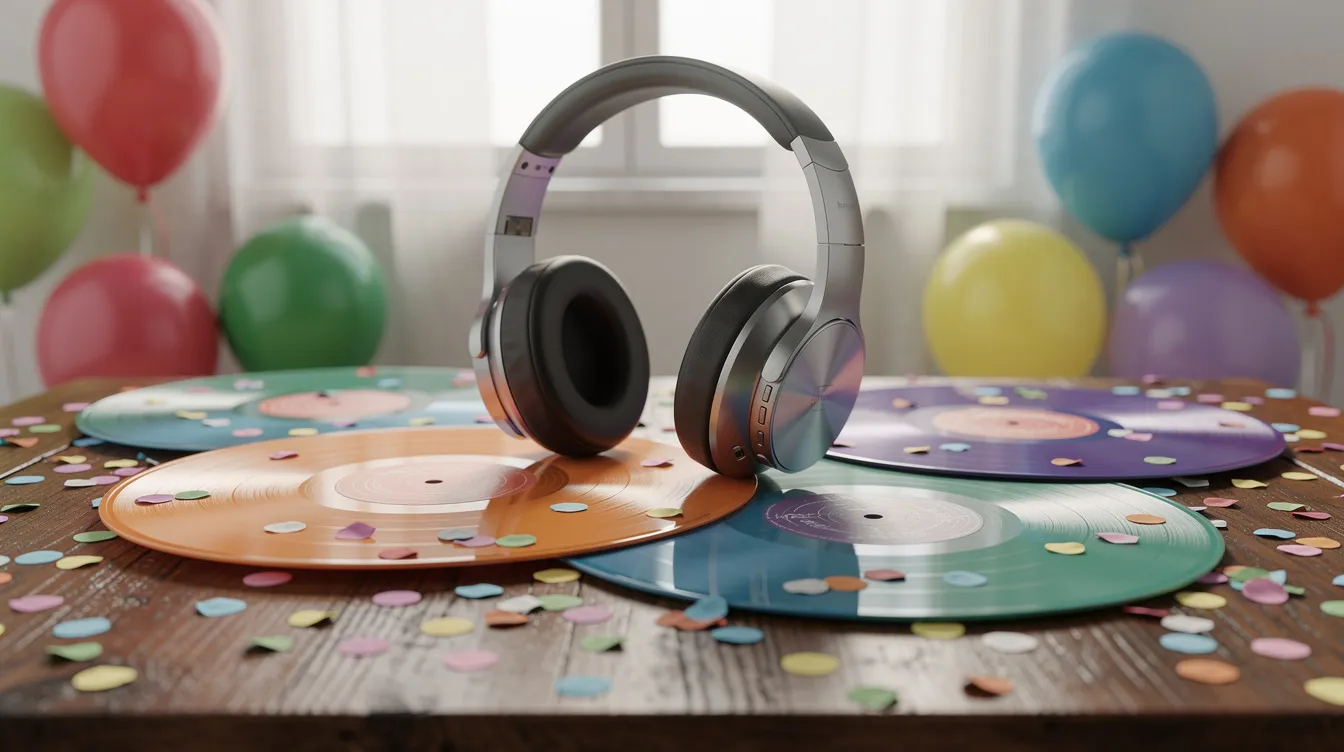 Auf einem Tisch liegen bunte Schallplatten und Kopfhörer, umgeben von Konfetti und Luftballons, die eine fröhliche Atmosphäre schaffen. Diese Szene vermittelt das Gefühl eines musikalischen Festes, das Kinder und Erwachsene gleichermaßen anspricht, während sie die Beats und Songs genießen.