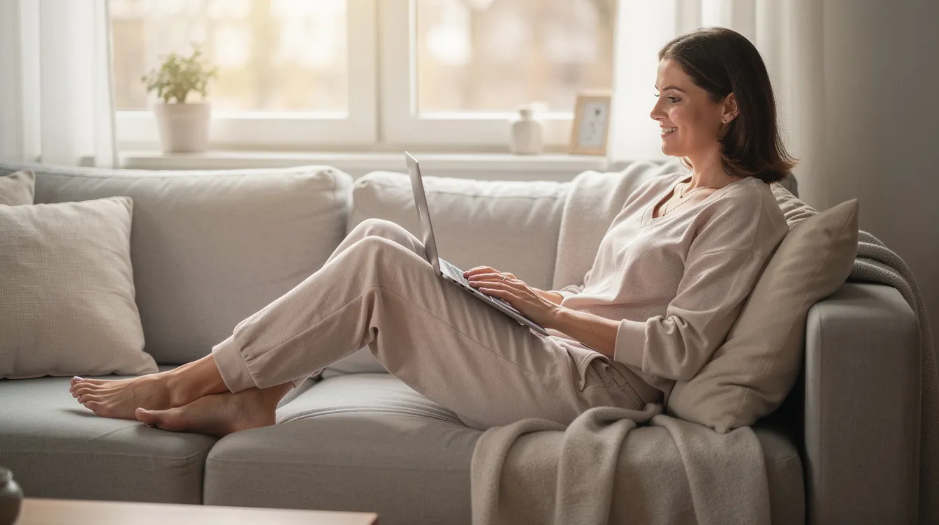 Eine Frau sitzt entspannt auf einem Sofa in bequemer Loungewear und arbeitet mit einem Laptop auf ihrem Schoß. Diese Szene könnte in einem modernen Zuhause oder einem kreativen Arbeitsumfeld stattfinden, ideal für Content Creator und Influencer, die ihre Zeit online verbringen.