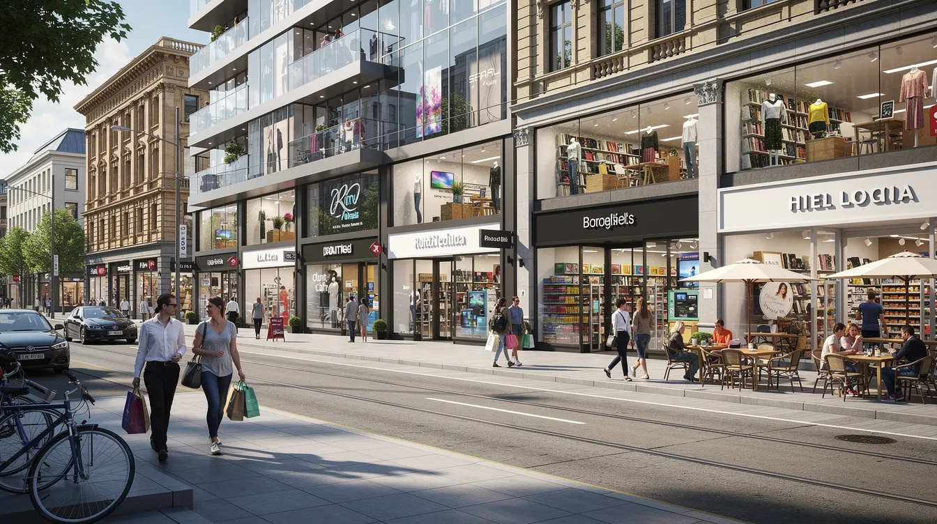 Die moderne Innenstadt zeigt eine belebte Straße mit gemischten Einzelhandelsgeschäften, in denen zahlreiche Kunden einkaufen. In der Umgebung sind auch einige Läden der Deko-Kette Depot zu sehen, die aufgrund der aktuellen Insolvenz in Eigenverwaltung vor Herausforderungen stehen.