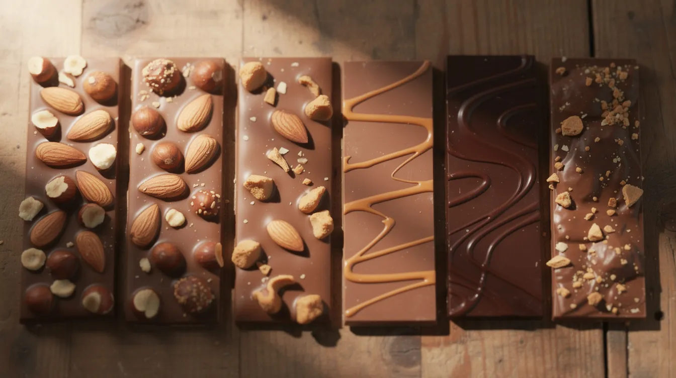 Auf einem Holztisch liegen verschiedene Schokoriegel nebeneinander, darunter bekannte Marken wie Snickers und Milky Way, die Teil des Portfolio des Mars Konzerns sind. Die Anordnung der Süßwaren bietet einen bunten Überblick über die Produktvielfalt des Unternehmens in der Welt der Nahrungsmittel.