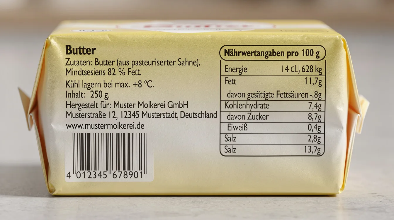 Die Nahaufnahme zeigt eine Butterverpackung, auf deren Rückseite die Herstellerangaben deutlich zu erkennen sind. Diese Verpackung könnte von einer Eigenmarke wie Milsani stammen, die in Discountern wie Aldi oder Lidl verkauft wird und für ihre Qualität bekannt ist.