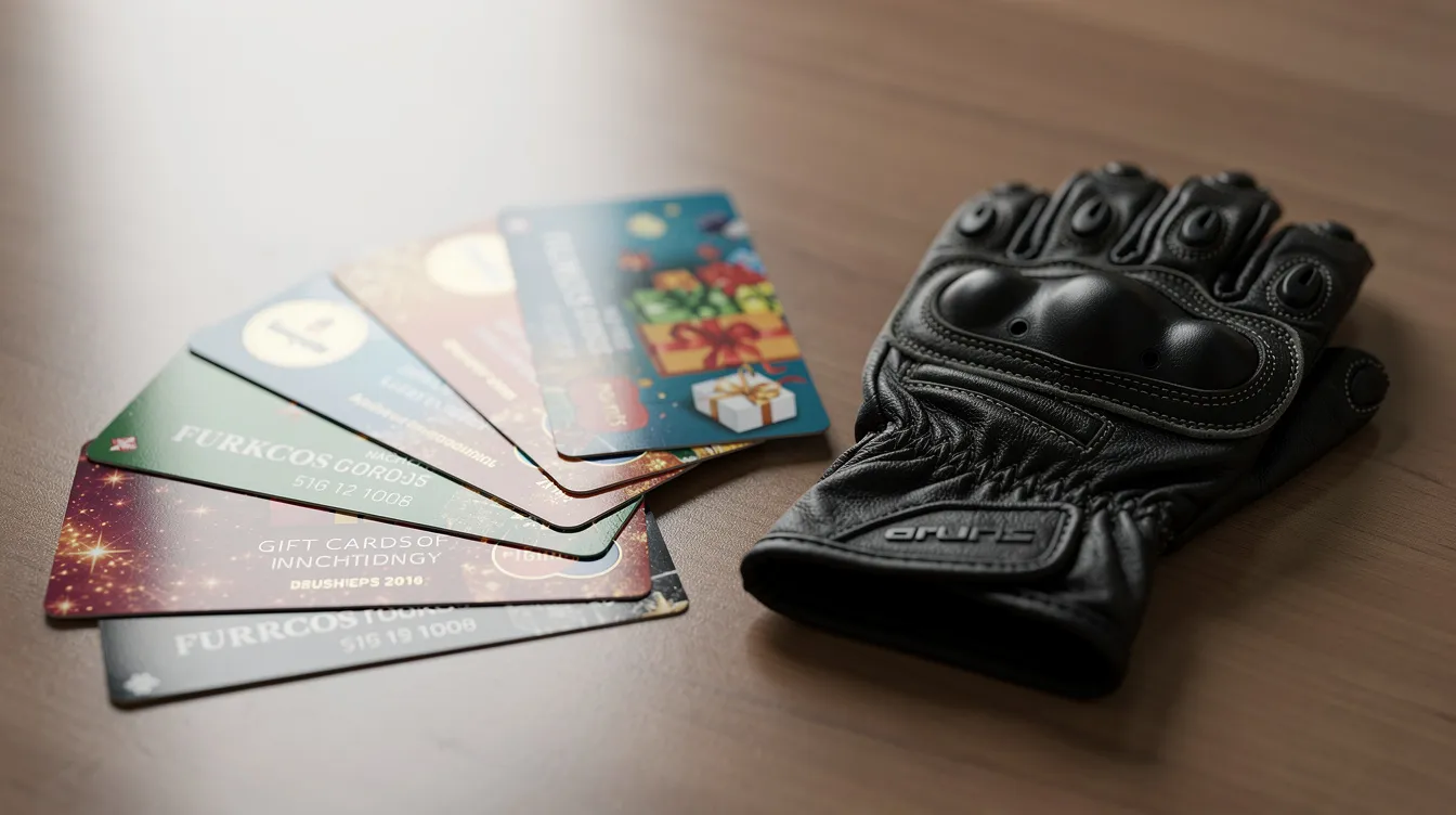 Die Nahaufnahme zeigt Geschenkkarten und Gutscheine auf einem Tisch, neben einem Motorradhandschuh, der zur Motorradbekleidung gehört. Diese Szene vermittelt eine Verbindung zwischen Freizeitaktivitäten und möglichen Einkäufen bei einem Unternehmen wie Polo Motorrad und Sportswear GmbH.