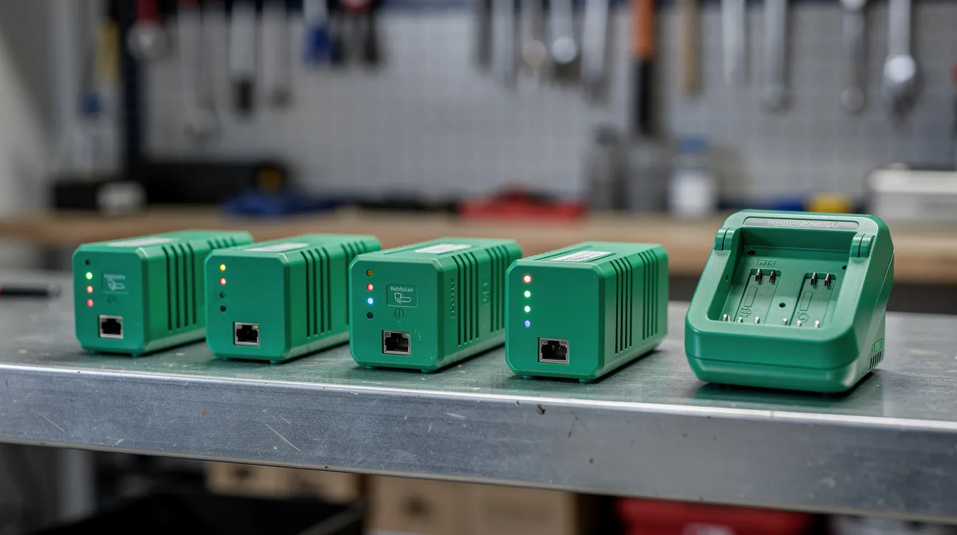 Auf einem Werkstattregal liegen mehrere grüne Akkupacks und ein Ladegerät nebeneinander, die zur Marke Parkside gehören. Diese Produkte sind Teil des Sortiments von Elektrowerkzeugen, die sich durch ihr gutes Preis-Leistungs-Verhältnis auszeichnen und ideal für Heimwerker und Hobby-Handwerker sind.