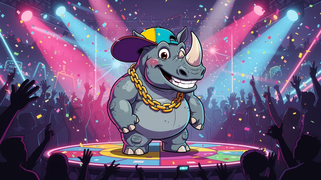 Ein buntes Cartoon-Nashorn trägt eine Baseballkappe und eine goldene Kette, während es auf einer farbenfrohen Konzertbühne steht und vor einem jubelnden Publikum auftritt. Die Atmosphäre ist lebhaft und voller Energie, passend zu den Beats und Songs, die es präsentiert.