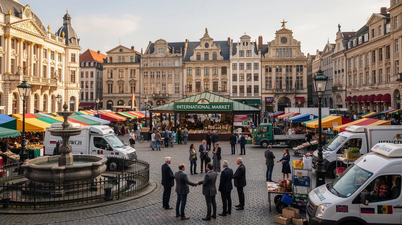 Die Bildbeschreibung zeigt eine europäische Stadtansicht mit historischen Gebäuden und einem belebten Marktplatz, der als Symbol für internationalen Handel dient. Auf dem Markt sind zahlreiche Menschen zu sehen, die Lebensmittel einkaufen, was die Vielfalt und den Einfluss der Handelsunternehmen wie der REWE Group verdeutlicht.