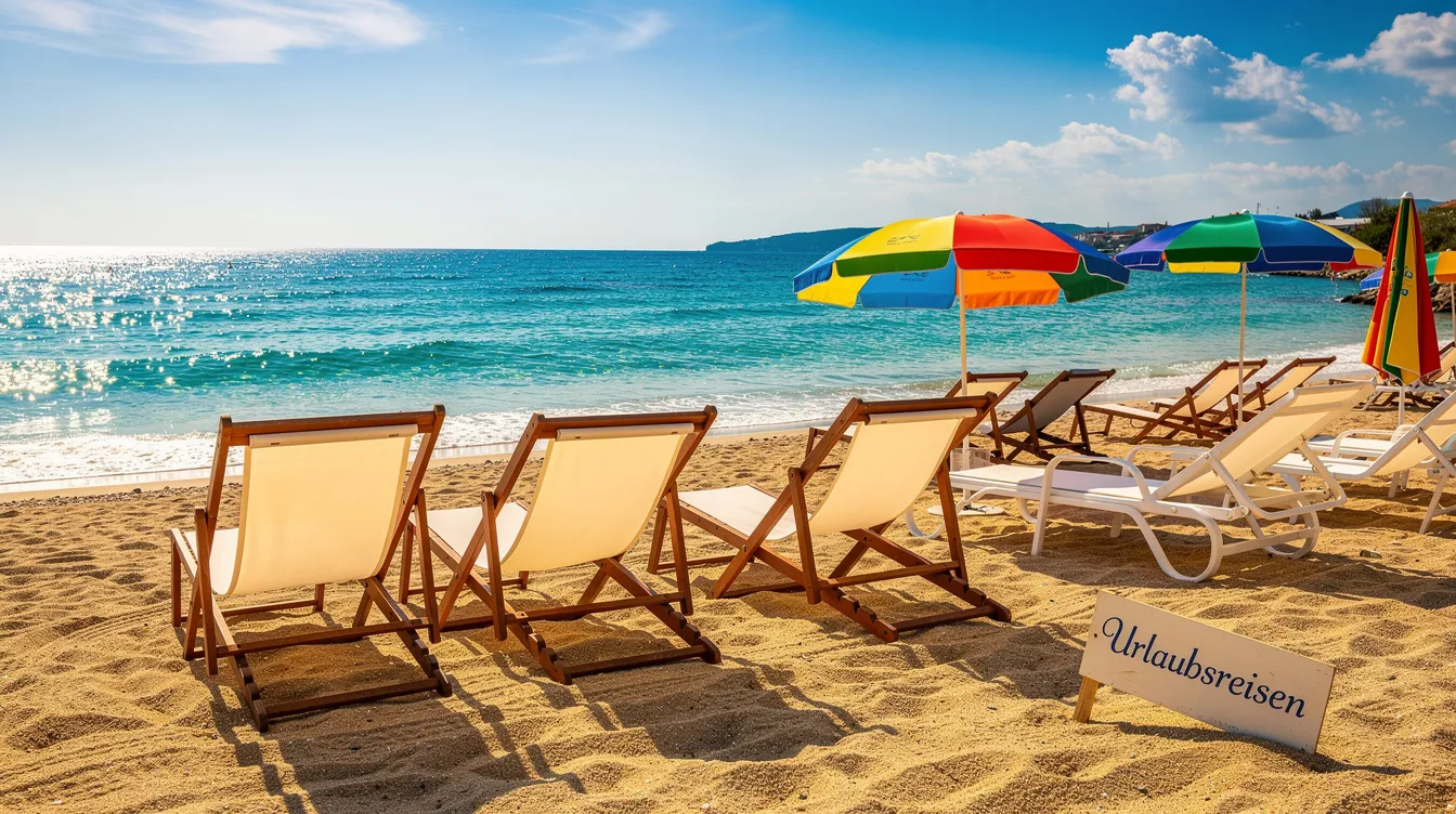 Ein sonniger Strand mit Liegestühlen und einem türkisfarbenen Meer symbolisiert entspannte Urlaubsreisen. Diese Szene steht im Kontrast zu den hektischen Einkaufswelten der REWE Group, die mit ihren zahlreichen Tochtergesellschaften im Lebensmittelhandel und der Touristikbranche in ganz Europa tätig ist.