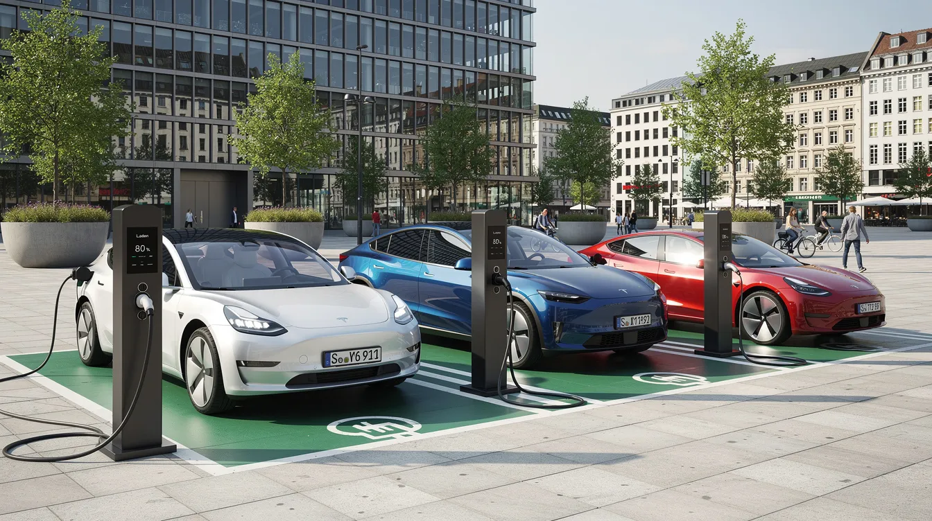 Auf einem öffentlichen Platz stehen moderne Elektrofahrzeuge verschiedener Marken, darunter Modelle von Volkswagen, Audi und Porsche, die an Ladestationen angeschlossen sind. Diese Szene zeigt die fortschreitende Mobilität und den Wandel in der Automobilindustrie hin zu umweltfreundlicheren Fahrzeugen.