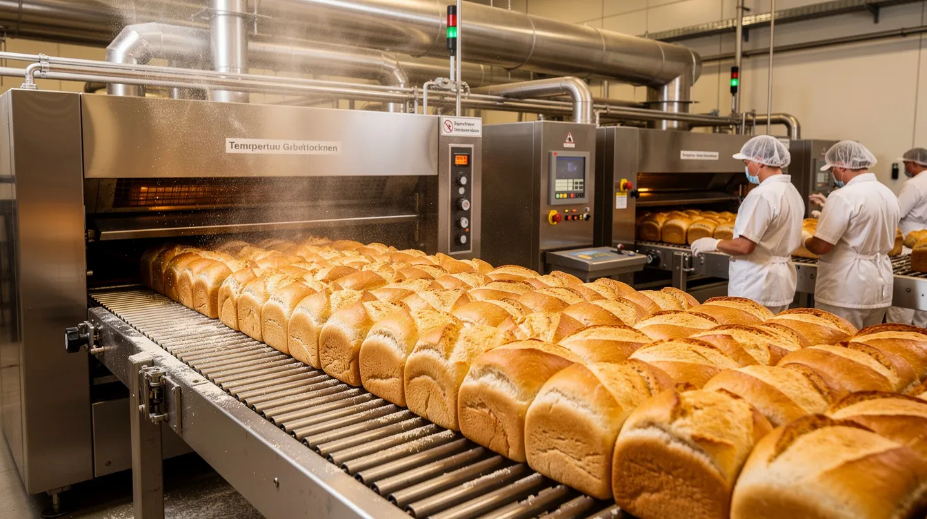 Die Abbildung zeigt eine Großbäckerei-Produktionslinie, auf der goldbraun gebackene Brote auf einem Förderband bereitgestellt werden. Diese effiziente Produktionsanlage ist Teil des Lebensmittelhandels und verdeutlicht die Bedeutung der Rewe Group in der Branche.