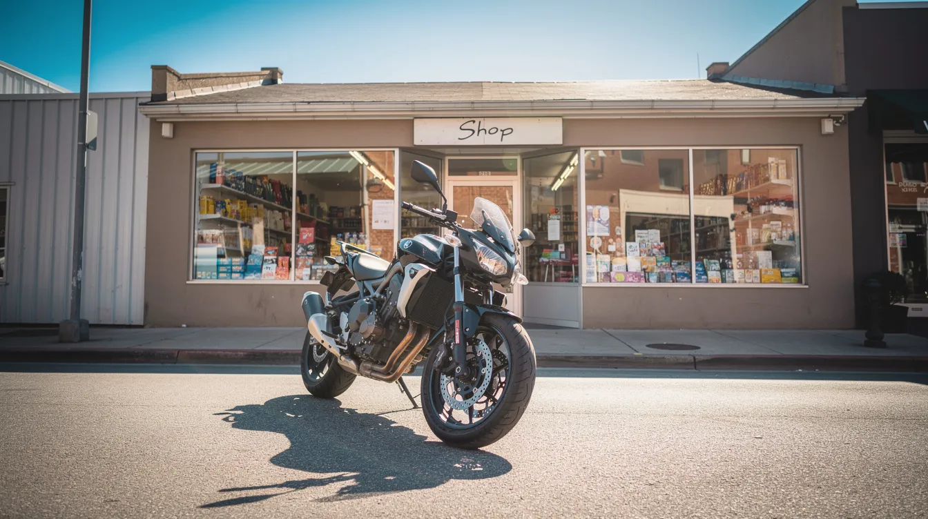 Ein Motorrad steht geparkt vor einem Einzelhandelsgeschäft, während die Sonne hell scheint. Im Hintergrund ist das Schild des Geschäfts sichtbar, das möglicherweise mit Motorrad- und Sportswear-Produkten, wie Polo-Motorradbekleidung, in Verbindung steht.