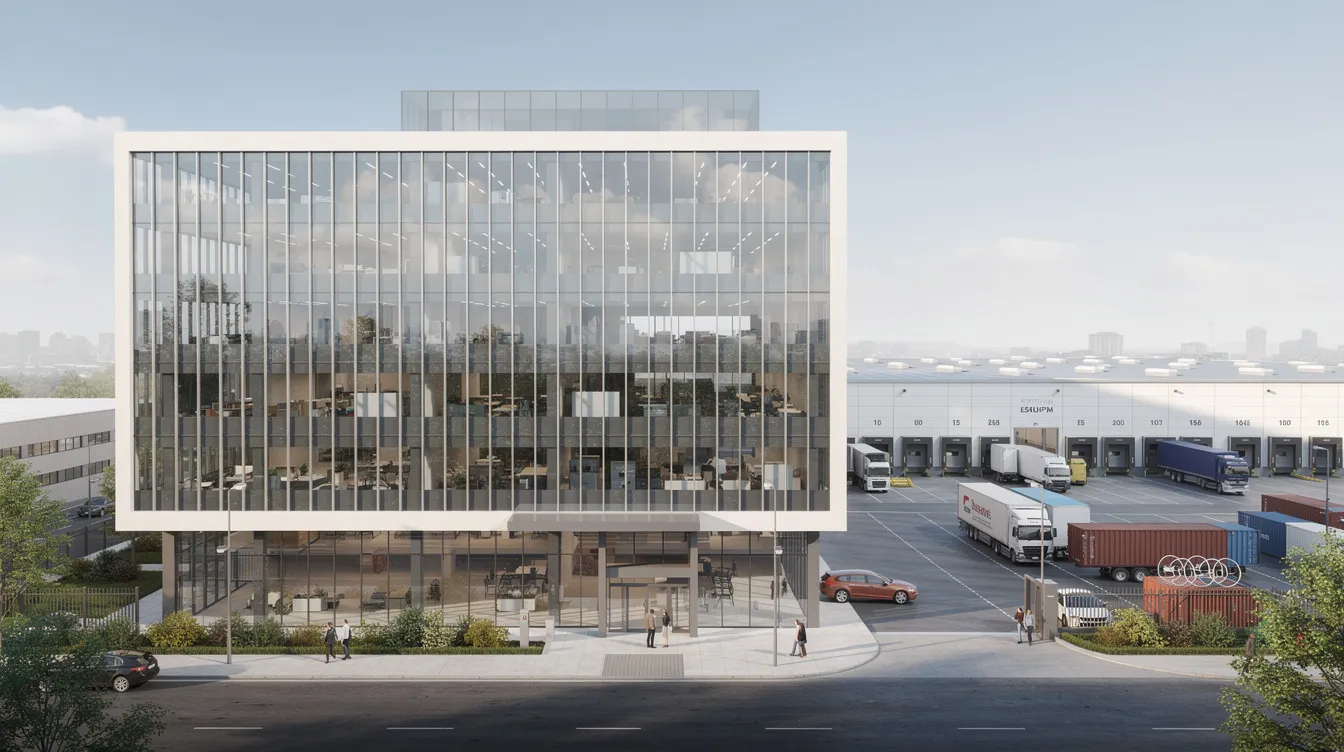 Das Bild zeigt ein modernes Bürogebäude mit großen Glasfronten, das eine elegante und zeitgemäße Architektur aufweist. Im Hintergrund ist eine Logistikeinrichtung zu sehen, die Teil der Otto Group und ihrer E-Commerce-Aktivitäten ist, die sich auf Mode und Einzelhandel konzentrieren.
