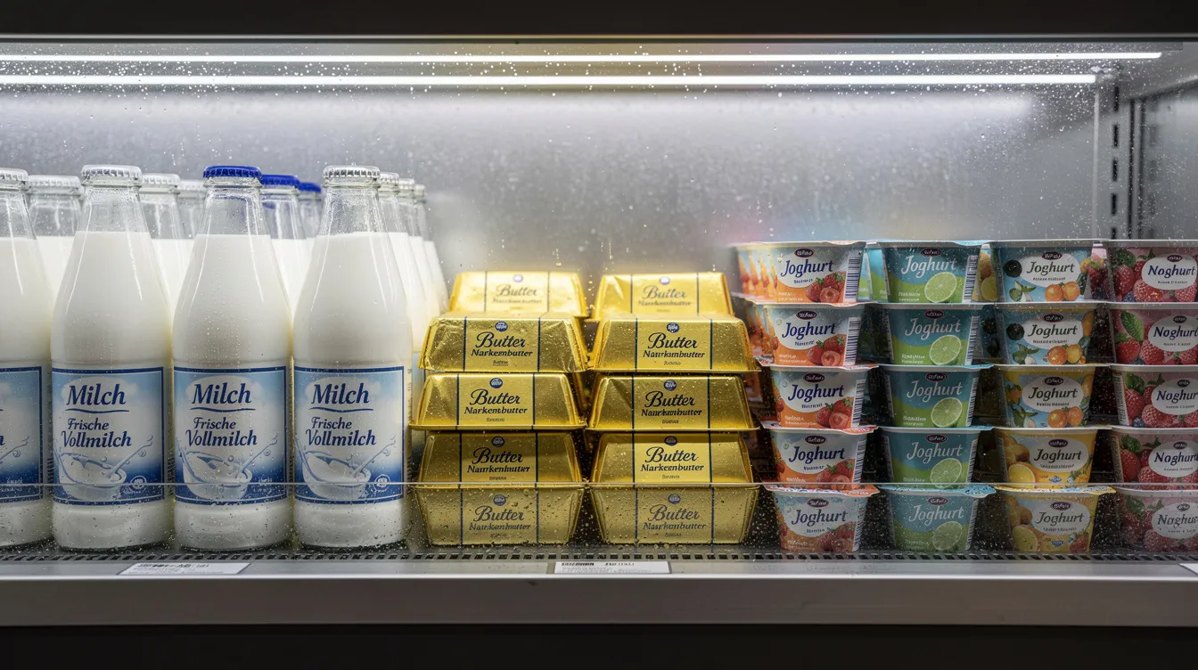 Das Bild zeigt ein Kühlregal mit verschiedenen Milchprodukten wie Milch, Butter und Joghurt, die nebeneinander angeordnet sind. Einige Produkte stammen von bekannten Marken und Discounter-Eigenmarken wie Milsani, die für ihre Qualität geschätzt werden.