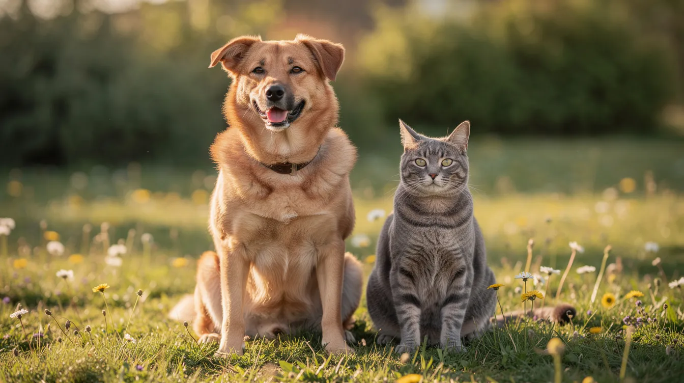 Ein Hund und eine Katze sitzen friedlich nebeneinander auf einer grünen Wiese, umgeben von bunten Blumen. Diese harmonische Szene spiegelt das Leben und die Familie der Haustiere wider, die oft von Unternehmen wie Mars Petcare und Whiskas unterstützt werden.