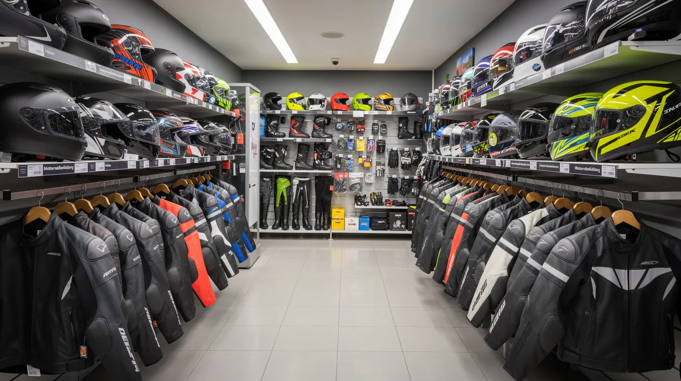 In einem Fachgeschäft sind Motorradhelme und Motorradbekleidung ordentlich aufgereiht, umgeben von Regalen voller Zubehör. Die Auswahl umfasst verschiedene Marken und Modelle, die für Motorradfahrer und Sportbegeisterte geeignet sind, darunter Produkte von "polo motorrad und sportswear".