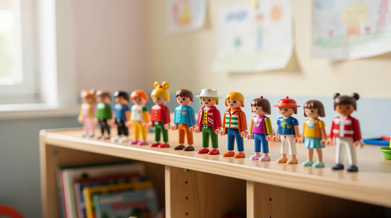 Bunte Playmobil-Figuren stehen aufgereiht auf einem Holzregal in einem hellen Kinderzimmer, das eine fröhliche und einladende Atmosphäre ausstrahlt. Diese Spielwaren repräsentieren die Marke Playmobil und sind Teil der Produktion in Deutschland, die für ihre Qualität bekannt ist.