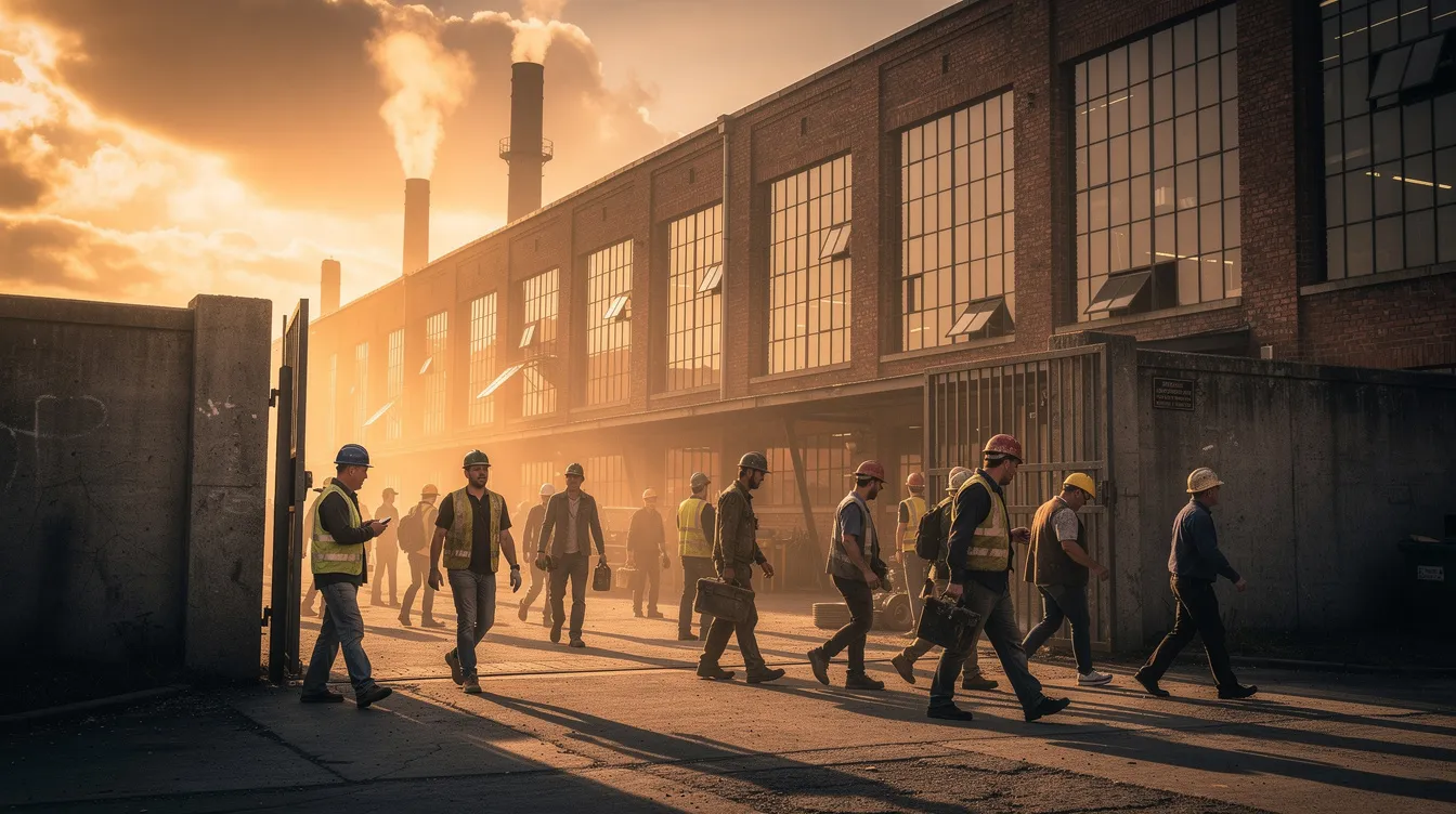 Arbeiter verlassen ein großes Fabrikgebäude durch ein Industrietor bei Sonnenuntergang, während die Silhouette des Playmobil Werks in Dietenhofen im Hintergrund sichtbar ist. Diese Szene symbolisiert das Ende eines Arbeitstags in der Spielwarenproduktion und spiegelt die aktuelle Lage des Unternehmens wider.