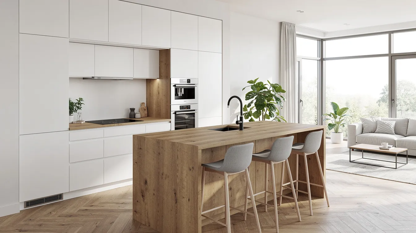 Die moderne, helle Einbauküche ist mit einer eleganten Holzarbeitsplatte und einer zentralen Kücheninsel ausgestattet, die dem Wohnraum eine einladende Atmosphäre verleiht. Diese Küchenlösung könnte von renommierten Herstellern wie Nolte Küchen stammen, die für ihre hochwertigen Möbel bekannt sind.