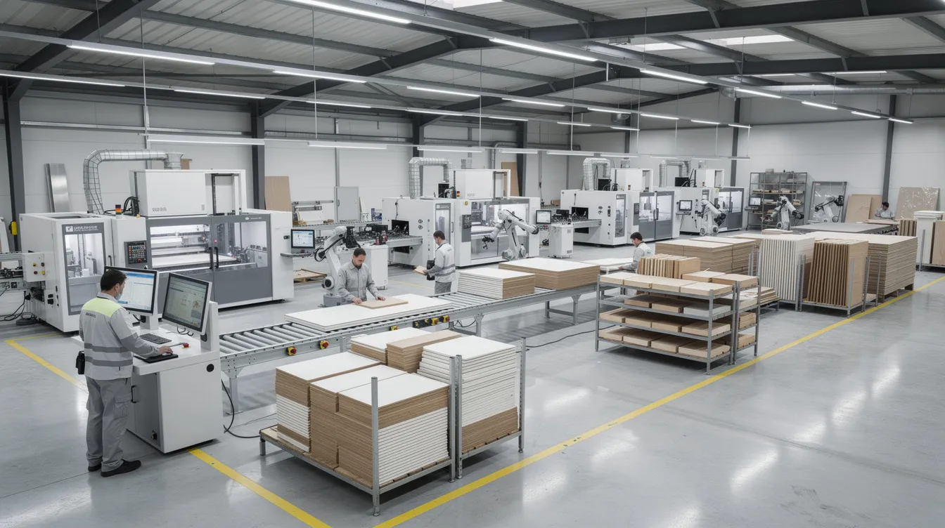 Die industrielle Produktionshalle zeigt moderne Fertigungsanlagen für Küchenmöbel, in der Mitarbeiter an verschiedenen Stationen arbeiten. Diese Einrichtung gehört zu einem Traditionsunternehmen der Möbelbranche, das aktuell mit Herausforderungen wie Insolvenz und Schließung konfrontiert ist.