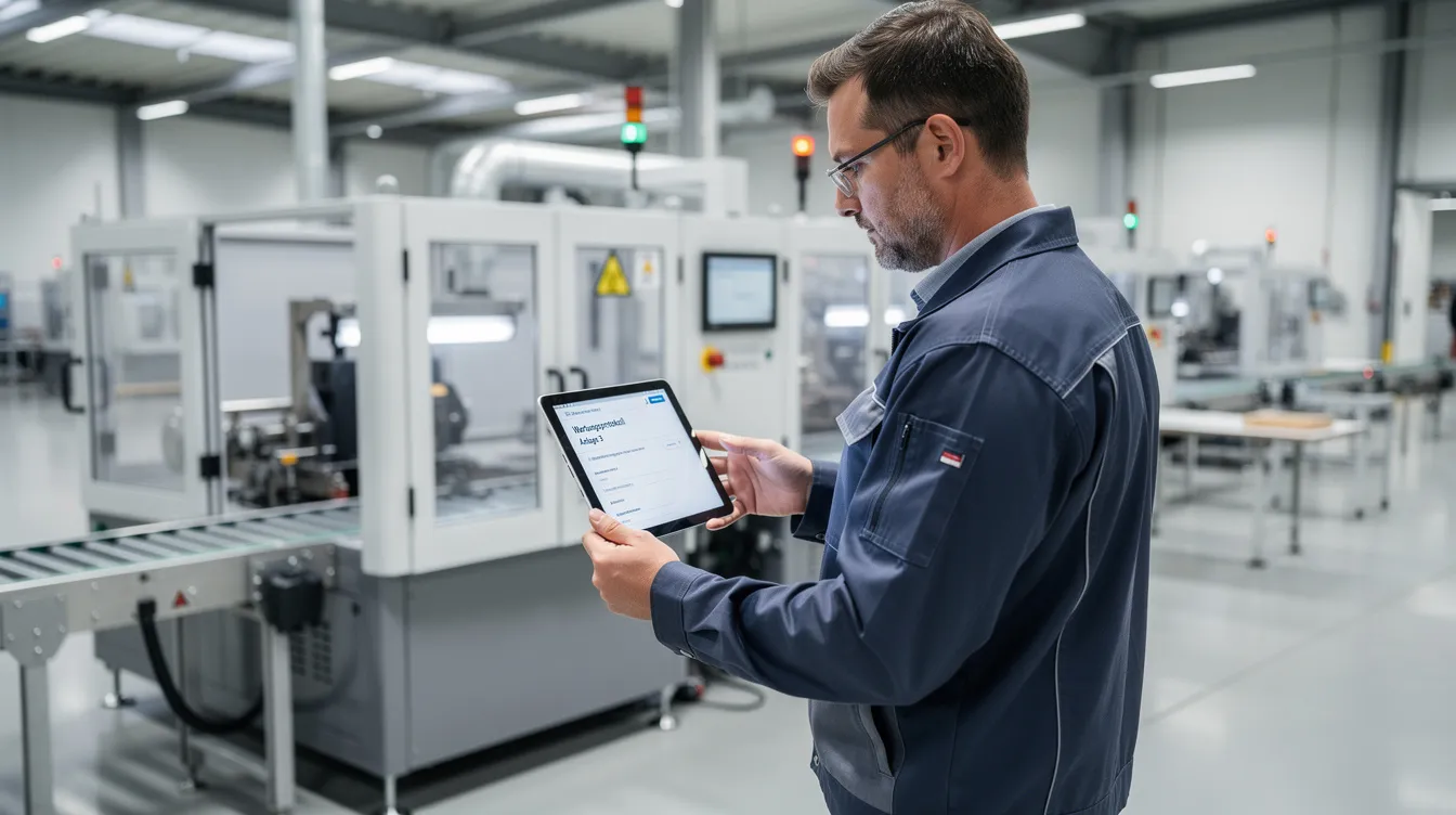 Ein Industrietechniker steht an einer Produktionsanlage und nutzt ein Tablet zur digitalen Wartungsdokumentation. Diese Anwendung unterstützt die Instandhaltungsorganisation und ermöglicht eine effiziente Wartungsplanung, um ungeplante Stillstände in der Fertigung zu vermeiden.