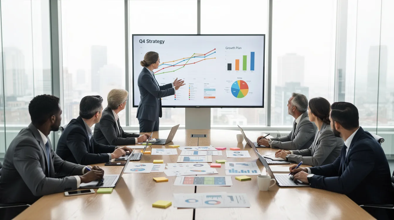 Das Bild zeigt eine strategische Geschäftssitzung, in der mehrere Personen um einen Tisch versammelt sind und Charts sowie Pläne diskutieren. Die Teilnehmer analysieren Marktpotenziale und Vertriebsstrategien für ihre Produkte und Dienstleistungen, um das Wachstum in gesättigten Märkten zu fördern.