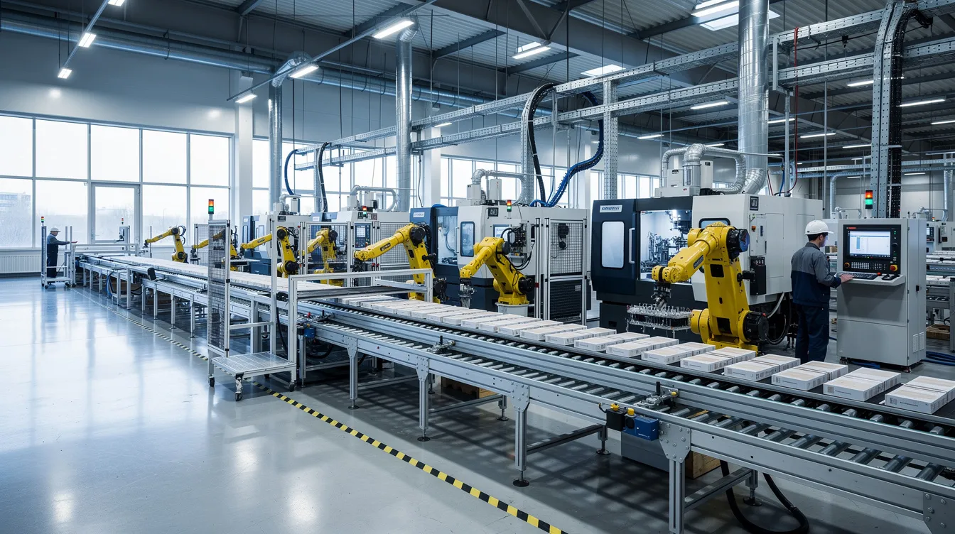 Die moderne Produktionslinie in der Fabrikhalle zeigt eine Vielzahl von Maschinen und Förderbändern, die effizient zusammenarbeiten, um die Fertigung zu optimieren. Diese Anlagen sind Teil eines umfassenden Instandhaltungsmanagements, das darauf abzielt, ungeplante Stillstände zu minimieren und die Wartungsplanung zu verbessern.