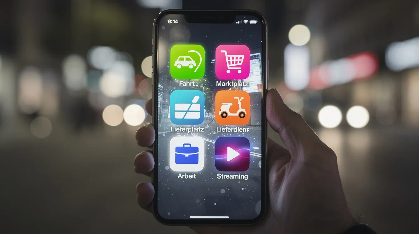 Das Bild zeigt ein Smartphone, dessen Bildschirm mit verschiedenen App-Symbolen gefüllt ist, die die digitale Plattformökonomie repräsentieren. Diese Symbole stehen für die Vielfalt der Dienstleistungen und Produkte, die in einem wettbewerbsintensiven Markt angeboten werden, und verdeutlichen die Bedeutung von Netzwerkeffekten und Wettbewerbsbedingungen in der heutigen digitalen Landschaft.