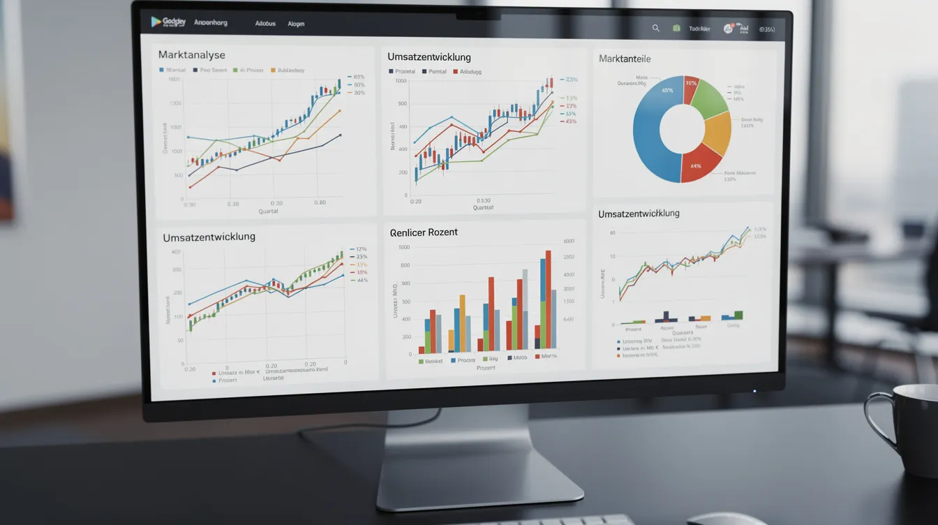 Das Bild zeigt einen Bildschirm mit verschiedenen Datenvisualisierungen und Diagrammen zur Marktanalyse, die relevante Informationen über Wettbewerbsbedingungen und Marktdefinitionen enthalten. Die Grafiken veranschaulichen die Auswirkungen der Digitalisierung auf Unternehmen und deren Produkte im Hinblick auf Austauschbarkeit und Marktanteile.