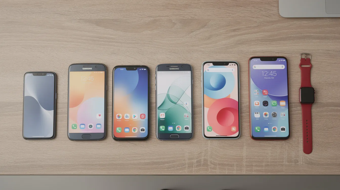 Das Bild zeigt eine Anordnung verschiedener Smartphones und elektronischer Geräte auf einem Tisch, die unterschiedliche Generationen und Modelle repräsentieren. Diese Vielfalt an Produkten spiegelt die Entwicklungen in der Branche wider und verdeutlicht die Marktanalysen zu Kundenbedürfnissen und Wettbewerb im Bereich der Technologie.