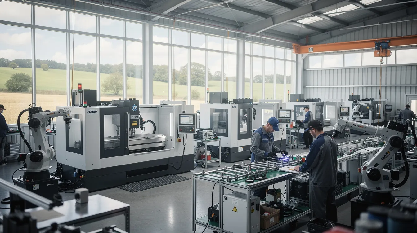Die industrielle Fabrikhalle, umgeben von grünen Hügeln, zeigt moderne Maschinen und Arbeitskräfte, die an Präzisionsgeräten arbeiten. Diese Umgebung repräsentiert die Innovationskraft und den Erfolg von Unternehmen, die als versteckte Champions in Deutschland gelten.