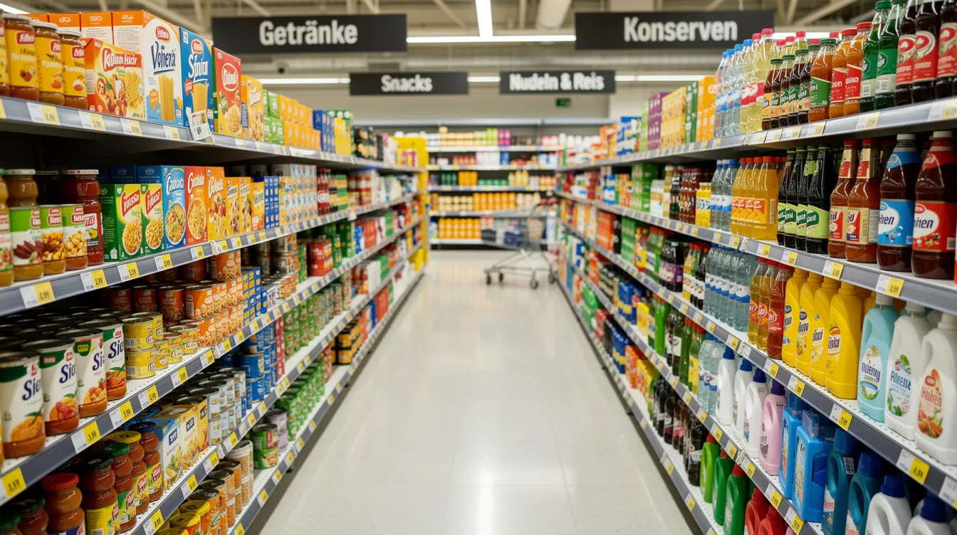 Ein Supermarktregal ist mit einer Vielzahl von Produkten verschiedener Marken und Kategorien gefüllt, darunter Lebensmittel, Getränke und Haushaltswaren. Die Regale bieten eine breite Auswahl, die den Verbrauchern eine einfache Vergleichbarkeit der Produkte ermöglicht und somit die Wettbewerbsbedingungen im Markt beeinflusst.
