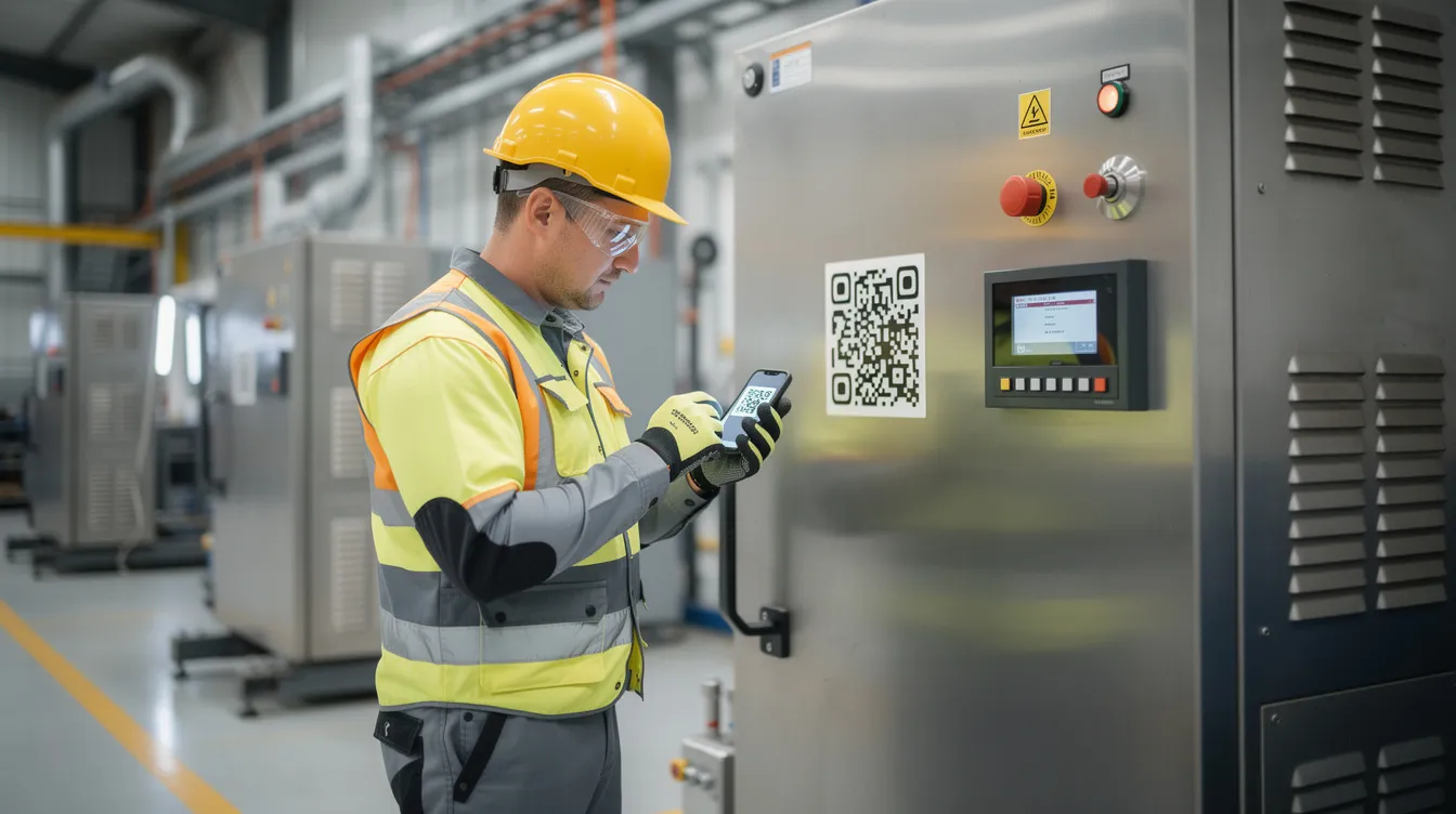 Ein Techniker in Schutzausrüstung scannt mit seinem Smartphone einen QR-Code an einer industriellen Maschine, um Informationen zur Wartungsplanung und Instandhaltung abzurufen. Diese mobile Anwendung unterstützt ihn bei der effizienten Verwaltung von Maschinen und Anlagen, um ungeplante Stillstände zu vermeiden.