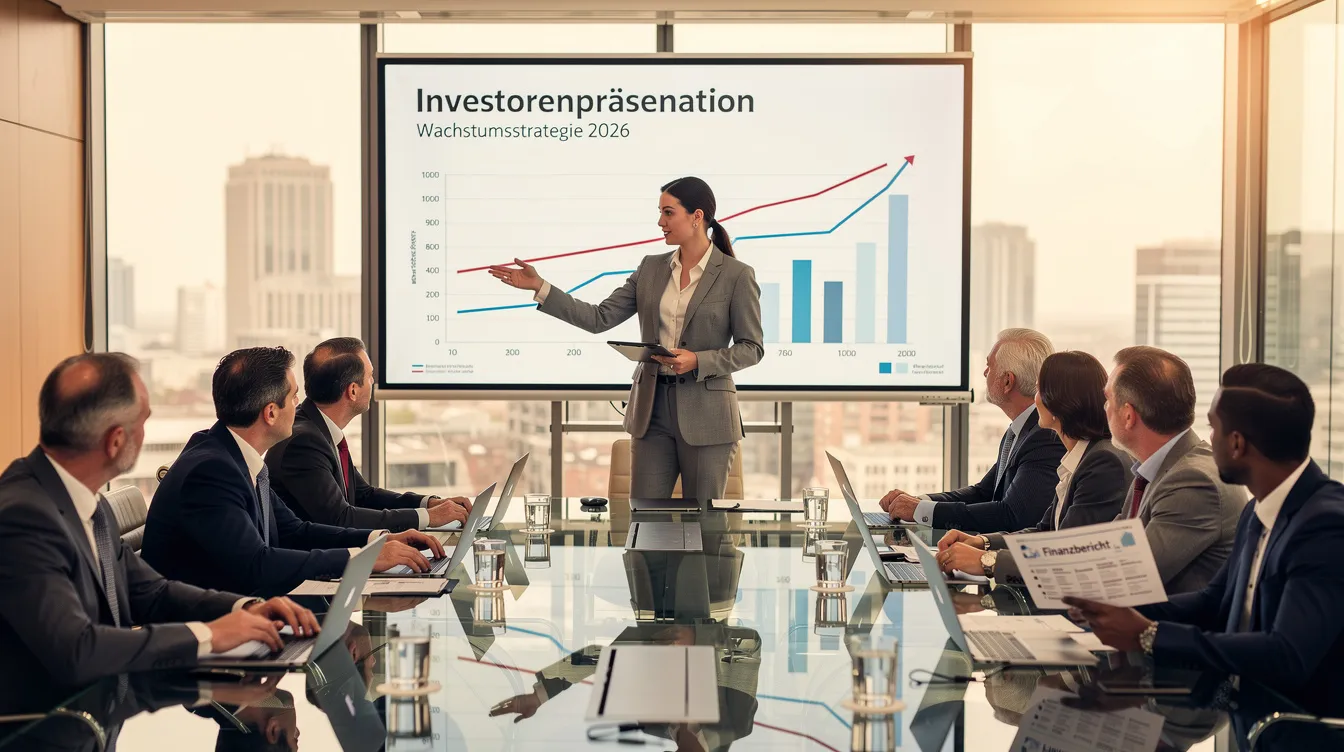Eine Geschäftsperson steht vor einer Gruppe von Investoren und präsentiert eine umfassende Marktanalyse, die den total addressable market (TAM) und den serviceable addressable market (SAM) ihres Unternehmens erläutert. Der Investor pitch umfasst wichtige Metriken und Marktabschätzungen, um das Marktpotenzial und die Wachstumschancen zu verdeutlichen.
