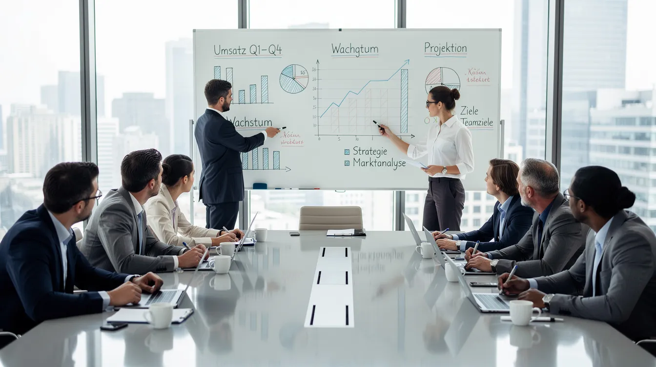 Ein Geschäftsteam sitzt an einem großen Tisch und analysiert gemeinsam Daten auf einem Whiteboard, während sie über den total addressable market (TAM) und den serviceable addressable market (SAM) diskutieren. Die Atmosphäre ist konzentriert, da sie Marktanalysen durchführen, um das Marktpotenzial und die Marktgröße für ihr Geschäftsmodell zu bewerten.