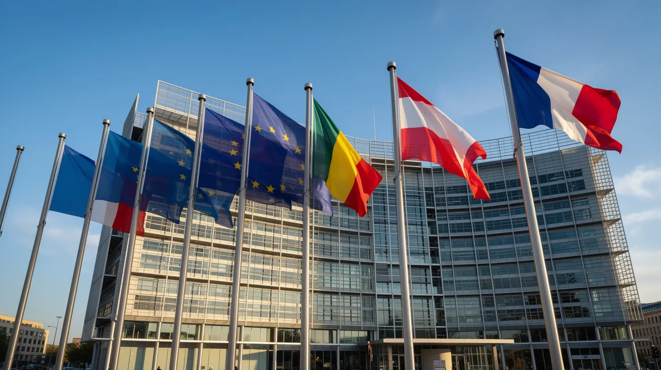 Die Bildbeschreibung zeigt europäische Flaggen, die vor einem modernen Regierungsgebäude wehen, während der klare blaue Himmel im Hintergrund strahlt. Diese Szene könnte einen Bezug zur europäischen Kommission und deren Rolle im Bereich der Wettbewerbsbedingungen und Marktregulierung darstellen.