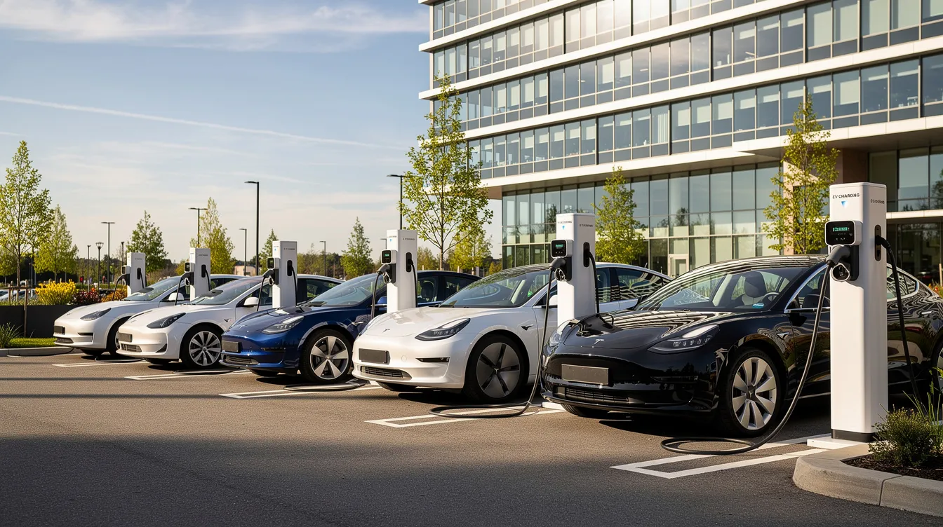 Das Bild zeigt eine Reihe von Elektrofahrzeugen an modernen Ladestationen in einem Parkhaus. Diese Darstellung verdeutlicht die wachsende Nachfrage nach umweltfreundlichen Produkten und Dienstleistungen in der Automobilbranche, die sich durch innovative Lösungen und den Wettbewerb im Markt auszeichnet.